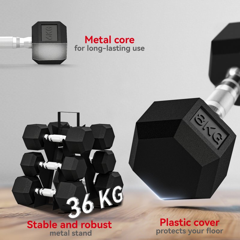 SPORTNOW Hex Dumbbell Set with Weights Storage Rack, Rubber Coated Dumbbells, Non-Slip Chrome Handles, Space-Saving for Home Gym Weight Lifting Strength Training, 2 x 2kg, 2 x 5kg, 2 x 8kg