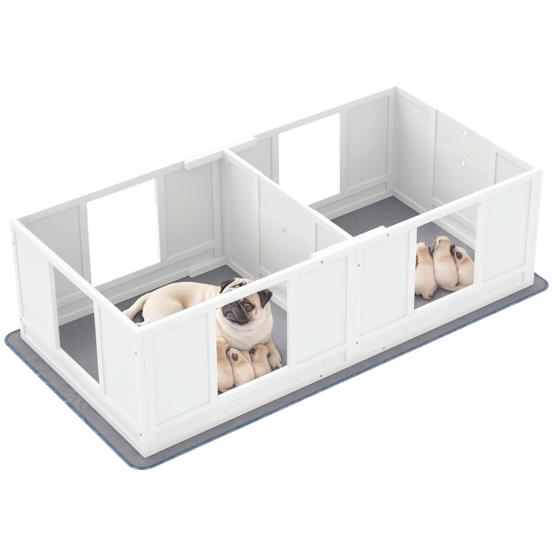PawHut Whelping Box for Dogs with Water-Resistant Washable Whelping Pad, Dog Whelping Box with Clear Panels, Adjustable Entrance, Two Room Design, Non-Slip Foot Pads, for Small Dogs, 164 x 80cm
