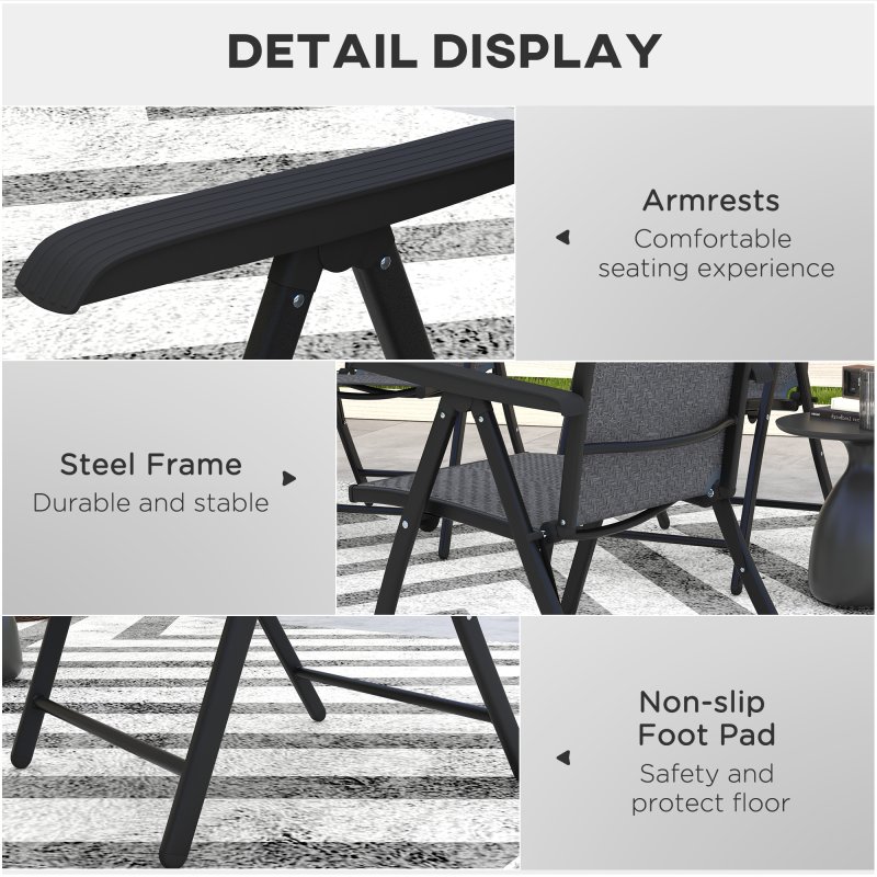 Outsunny Set of 2 Outdoor Wicker Folding Chairs, Patio PE Rattan Dining Armrests Chair set with 7 Levels Adjustable Backrest, for Outdoors, Camping, Grey