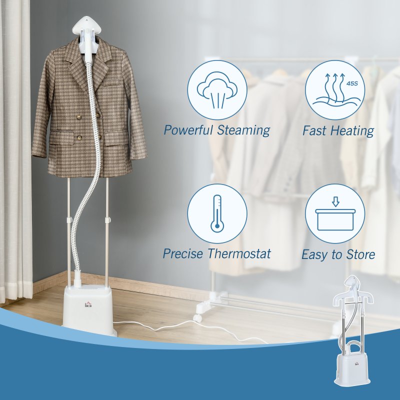 HOMCOM Upright Garment Clothes Steamer Suitable for all Fabrics with 6 Steam Setting, 45s Fast Heat-up, 1.7L Water Tank and 45min Steamer, Wrinkle and Odour Remover, White