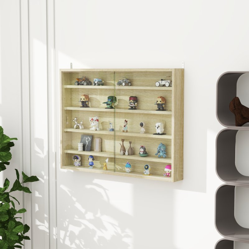 HOMCOM 5-Tier Wall Display Shelf Unit Cabinet w/ 4 Adjustable Shelves Glass Doors Home Office Ornaments 60x80cm Oak