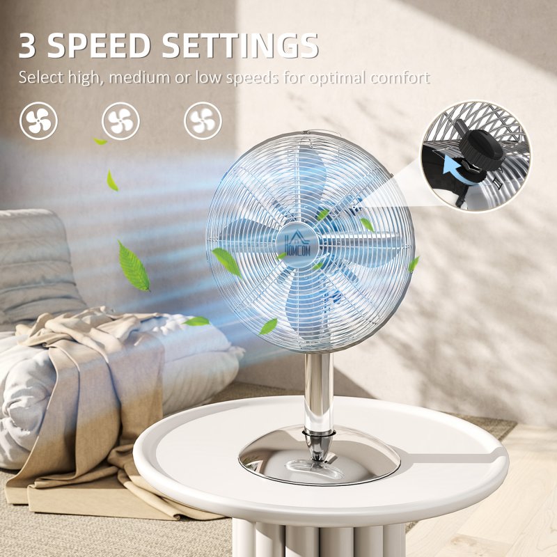 HOMCOM 12" Metal Desk Fan with 3 Speed Settings, Wide-Angled Oscillation, Adjustable Tilt, Portable Table Fan for Bedroom or Home Office, Silver Tone