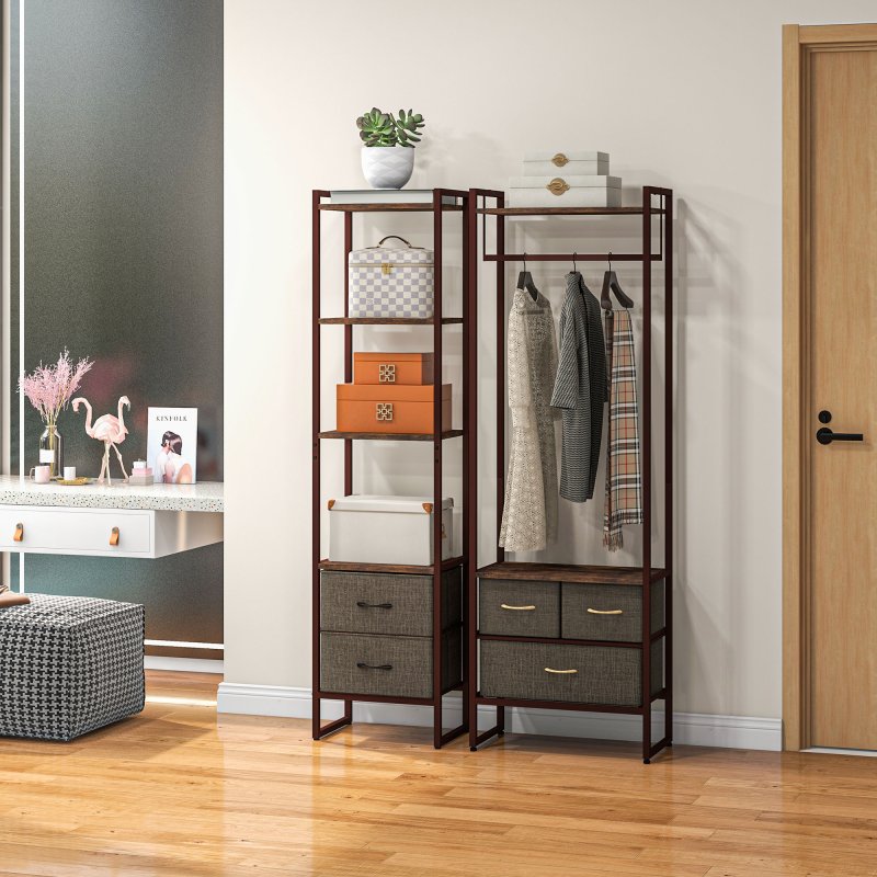 HOMCOM Industrial Bookshelf, Slim Storage Shelf with 2 Fabric Drawers and 4-tier Shelving Unit, Narrow Display Rack for Living Room, Home Office, Rustic Brown