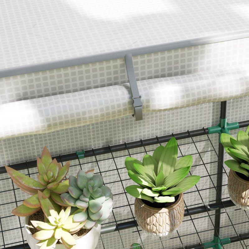 Outsunny 3 Tier Lean-to Mini Greenhouse with Reinforced PE Cover, Portable Small Greenhouse with Roll-Up Door, Grey Hemmed Edging, 144 x 48 x 152cm, White