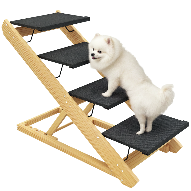 PawHut Dog Steps Dog Ramp, 4-Step Adjustable Height Pet Stairs for Large Sized Dogs, Foldable Dog Stairs for Bed Sofa, with Non-slip Surface