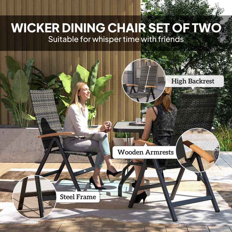 Outsunny 2 Pieces Outdoor Folding Dining Chair, PE Rattan Chair with Armrests, High Backrest, for Garden, Camping, Balcony, Porch, Mixed-grey