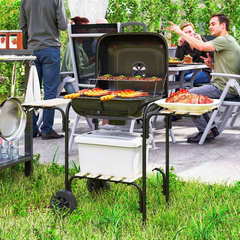 Outsunny Charcoal Barbecue Grill Portable BBQ Grill with 1840 cm? Cooking Area, 3 Shelves, Adjustable Vent, Lockable Lid, Wheels for Outdoor Cooking, Garden Party, Black