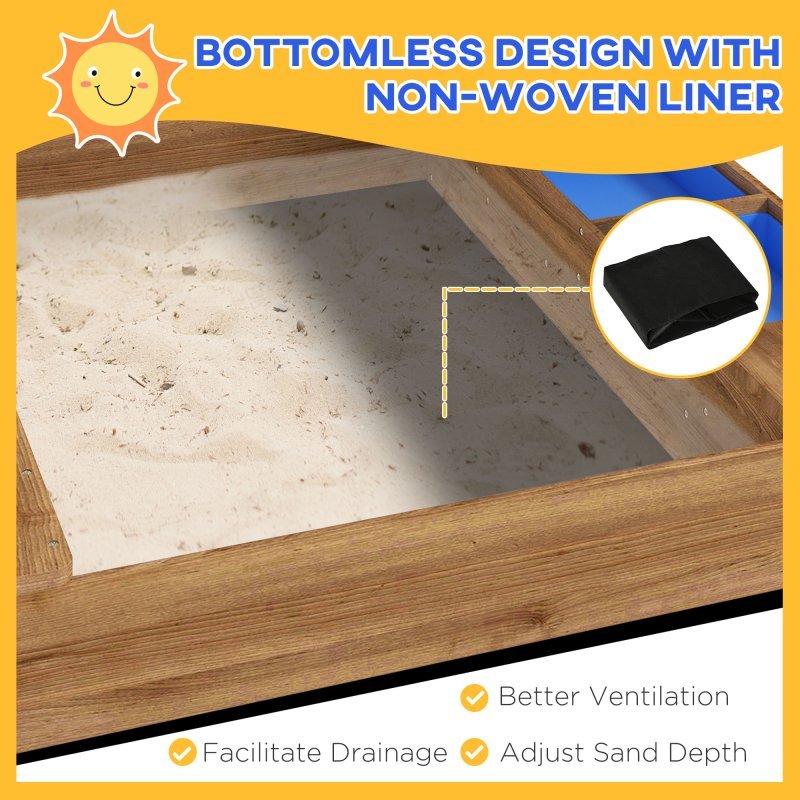 Outsunny Sand Pit Wooden Sandpit Kids Sandbox House for Outdoors, Gardens with Canopy, Liner, Blackboard, Sink, Seats, Flags, for Ages 3-7 Years - Brown
