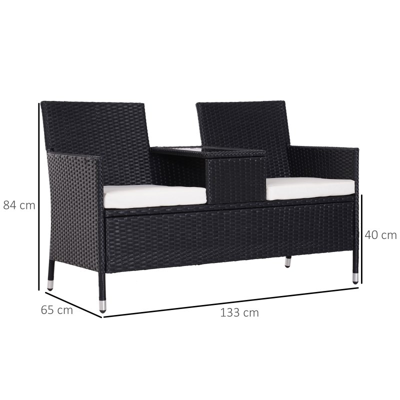 Outsunny 2 Seater Rattan Sofa with Cushions, Wicker Garden Loveseat with Armrests, Outdoor Garden Sofa Couch with Metal Frame for Patio, Black
