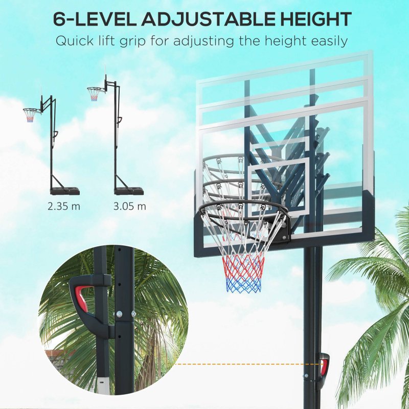 SPORTNOW Portable Basketball Hoop and Stand, Six-Level Height with Quick Lift, Shatter-Resistant Backboard and Wheels, Freestanding Basketball Hoop System for Junior, Adults - 2.35-3.05m