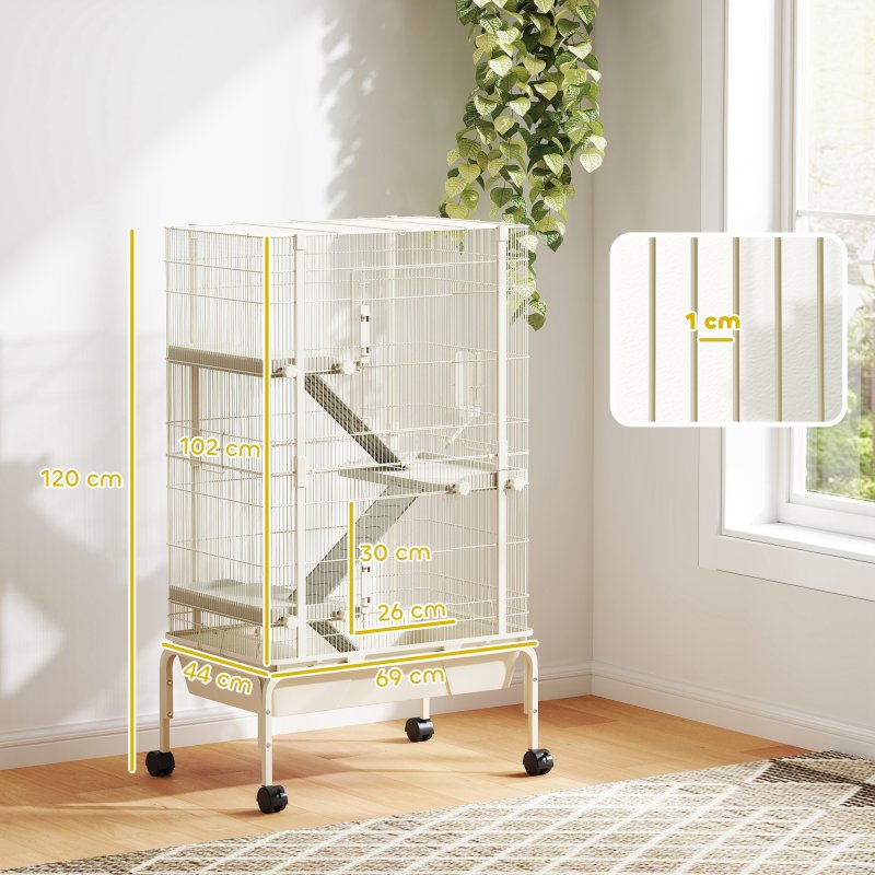 PawHut Rolling Rabbit Cage, 4 Level Rolling Rat Cage with 3 Ramps, Water Bottle, Food Dish, 15cm Deep Tray for Easy Cleaning, Small Pet Cage for Ferrets, Chinchillas, Squirrel, Syrian, Beige