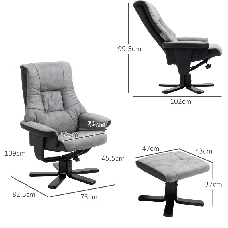 HOMCOM Recliner Chair With Footstool, Swivel Lounge Armchair, 135° Reclining Chair With Soft Padded Seat and Armrest For Living Room, Bedroom, Grey