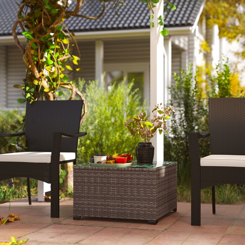Outsunny Outdoor Coffee Table, PE Rattan Side Table with Tempered Glass Top, Wicker Square Garden Coffee Table End Table with Steel Frame for Patio, Balcony, 60 x 62 x 38cm, Dark Grey