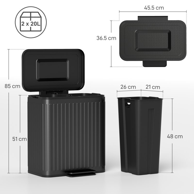 HOMCOM Dual Kitchen Bin, 2 x 20L Double Bin for Recycling and Waste, Fingerprint-proof Pedal Bin with Soft-Close Lid, Removable Inner Buckets