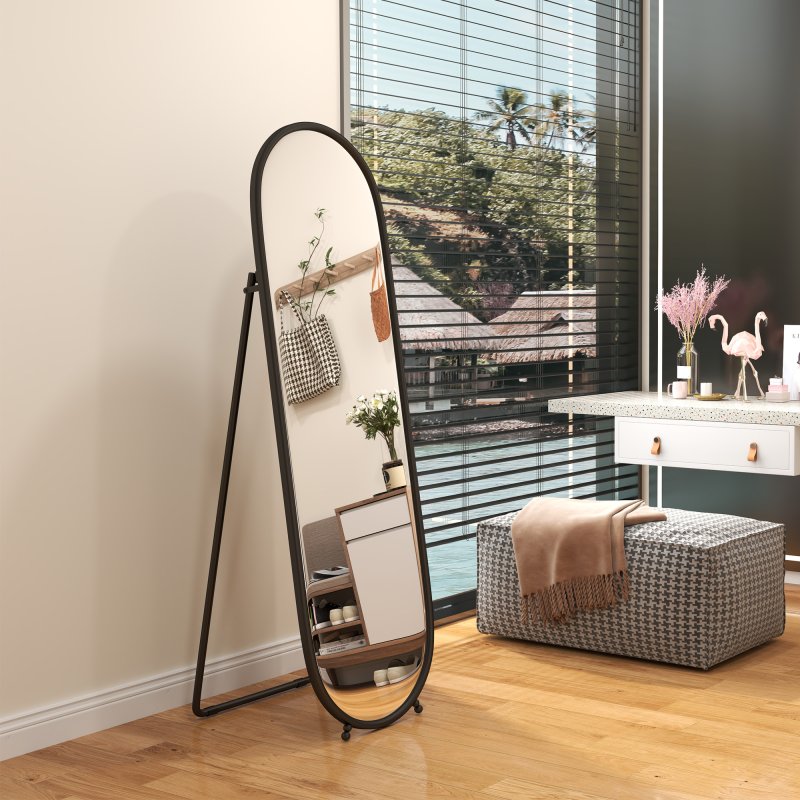 HOMCOM 40 x 160cm Full Length Mirror, Floor Standing or Leaning Against Wall Tall Mirror with Support Frame, Oval Full Body Mirror for Bedroom, Living Room, Black