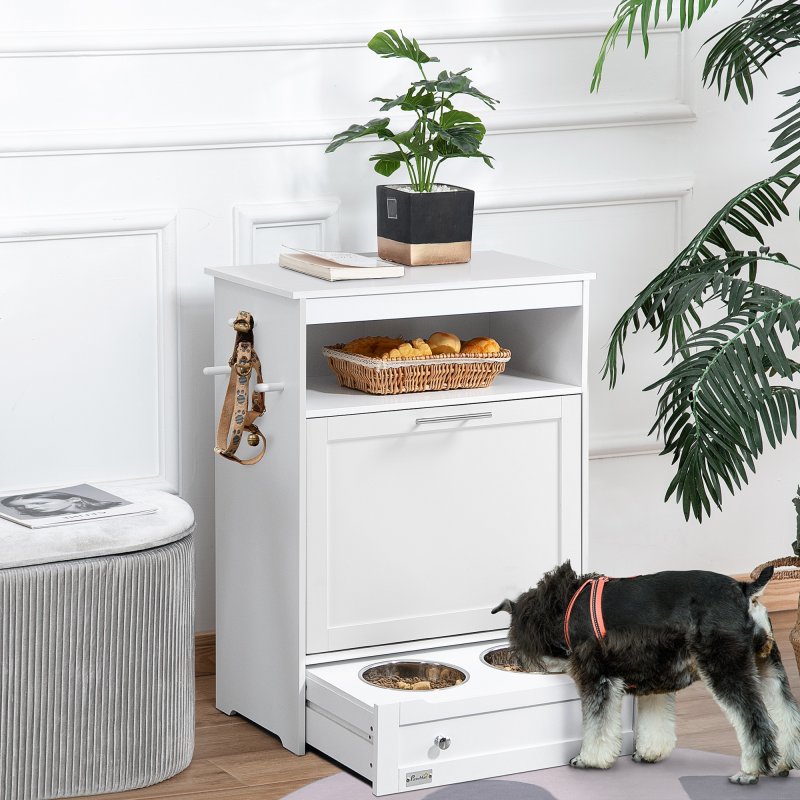 PawHut Pet Feeder Station, Dog Food Storage Container w/ Raised Dog Bowls, Hanger, for Food and Water - White