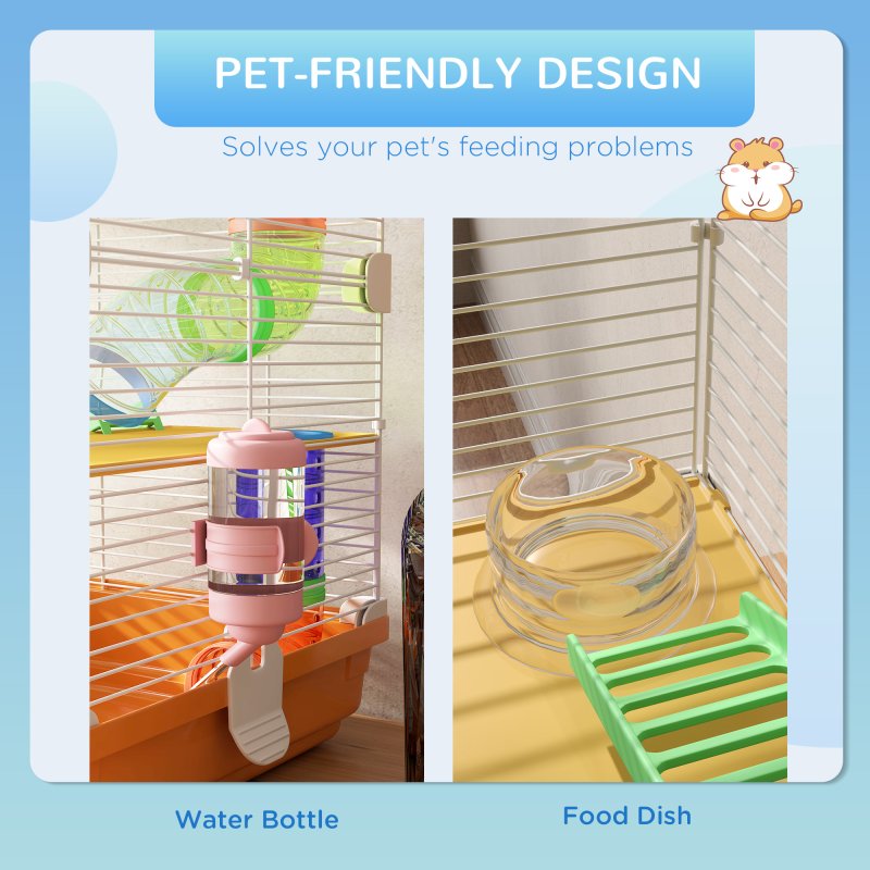 Pawhut 5 Tier Hamster Cage, Gerbil Cage with Tube Exercise Wheels, Tunnel, Water Bottle, Dishes, 58H x 46L x 30Wcm, Orange