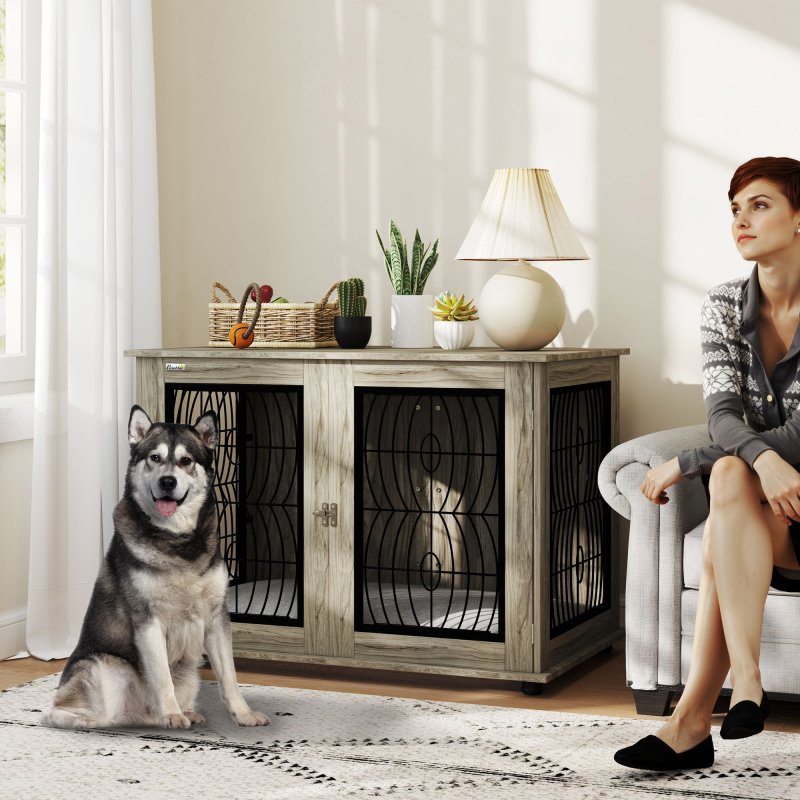PawHut Dog Crate Furniture, Dog Cage with Soft Washable Cushion, Furniture-Style Pet Kennel Indoor House End Side Table for Small Medium Large XL Breeds, 118 x 75 x 82 cm, Grey