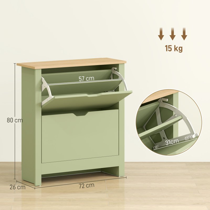 HOMCOM Narrow Shoe Cabinet, Space Saving Shoe Storage Cabinet with 2 Flip Drawers and Adjustable Shelves for 6-12 Pairs of Shoes for Hallways and Living Room, Green