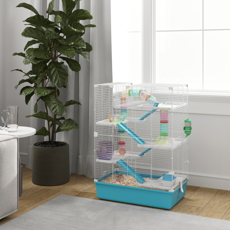 PawHut 6 Tier Hamster Cage, Gerbil Cage with Tubes, Exercise Wheel, Hut, Water Bottle, Food Dish, Ramps, Small Animal Cage for Dwarf Hamster, 58 x 36 x 81 cm, Light Blue