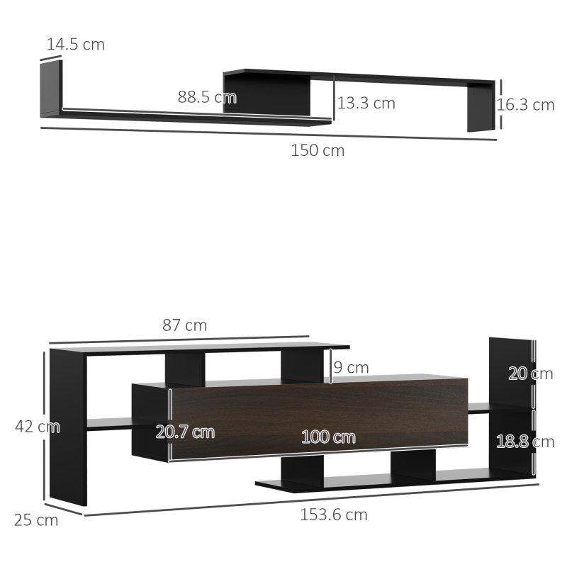 HOMCOM Modern TV Cabinet with Wall Shelf, TV Unit with Storage Shelf and Cabinet, for Wall-Mounted 65" TVs or Standing 40" TVs