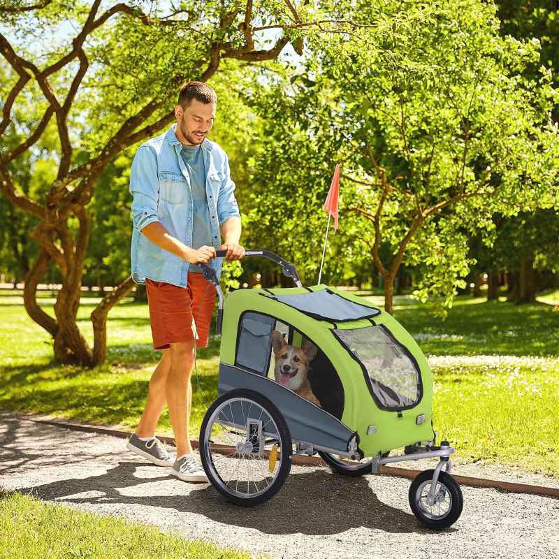 PawHut Dog Bike Trailer Pet Stroller Cart Carrier for Bicycle 360 Rotatable with Reflectors 3 Wheels Hitch Coupler Push/ Pull/ Brake Water Resistant Green