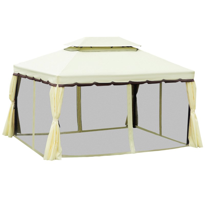 Outsunny 4 x 3 m Aluminum Garden Gazebo, Double Roof Outdoor Gazebo Canopy Shelter with Netting & Curtains for Garden, Lawn, Backyard and Deck, Cream