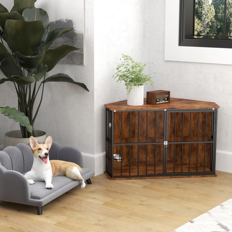 PawHut Corner Dog Crate Furniture, Dog Kennel Side End Table TV Stand with Two Bowls, Feeding Door, for Small, Medium Breeds, Rustic Brown