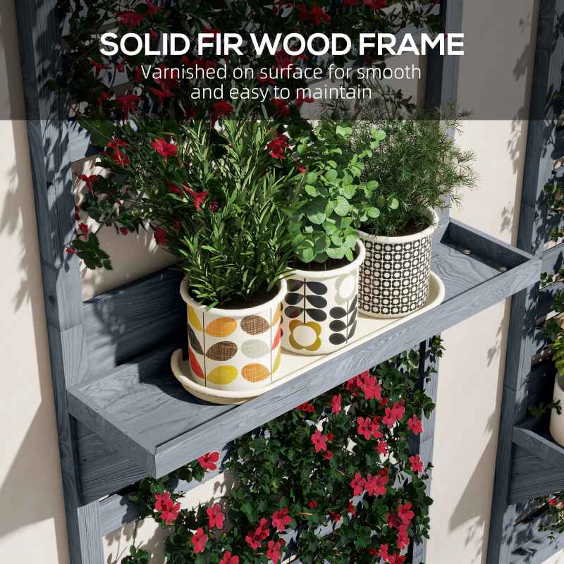 Outsunny Set of 2 Wall Mounted Plant Stand with Trellis, 170cm Wooden Plant Rack with Hanging Planter Shelves and Slatted Trellis for Climbing Plants, for Patio, Balcony, Porch, Grey