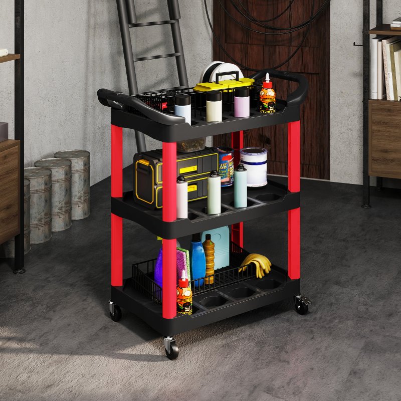 HOMCOM 3-Tier Rolling Tool Cart, Tool Trolley on Wheels, Plastic Mobile Service Utility Cart with Handles for Garage, Mechanics and Warehouse, 91kg Capacity, Black and Red