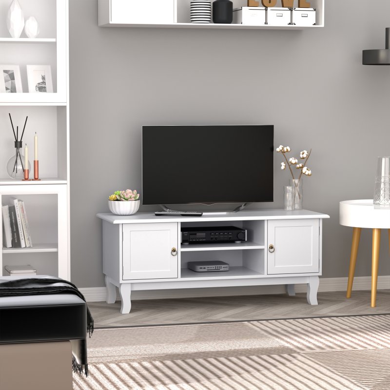 HOMCOM TV Unit up to 55", 2 Doors TV Cabinet with Open Storage Shelves and Cable Management for Living Room, Bedroom, Entertainment Room, 120L x 45W x 50.5H, White