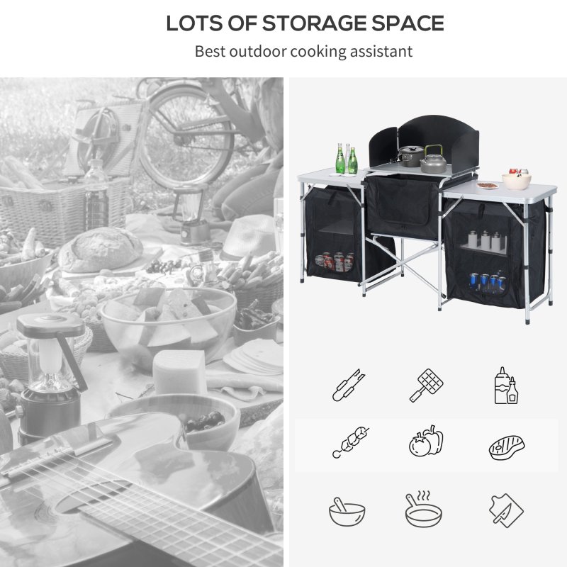 Outsunny Portable Camping Kitchen with Aluminium Frame, Fold-Up Cooking Table With Windscreen and 3 Enclosed Cupboards for BBQ, Party, Picnic, Black