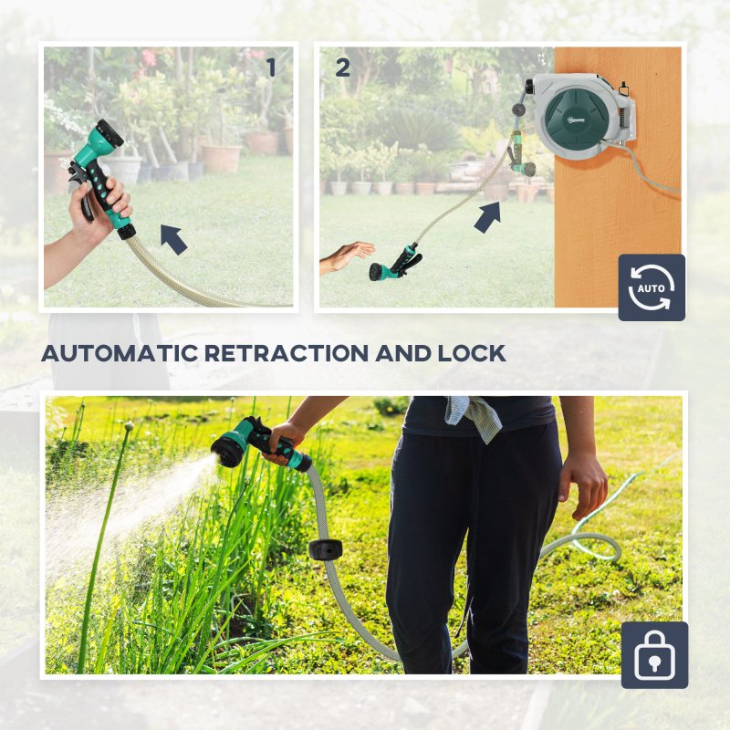 Outsunny Retractable Hose Reel Wall Mounted, 20+2m Garden Hose Pipe Reel with Lock, Auto Rewind, 7 in 1 Spray Nozzle, Includes Wall Fixings, 180?? Swivel, Outdoor Watering, Light Grey