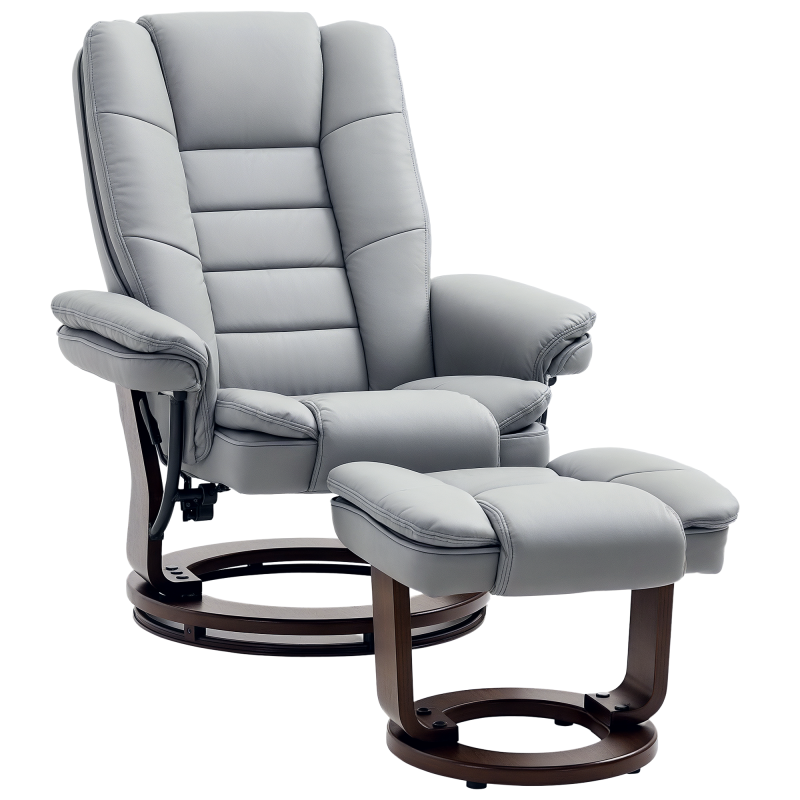 HOMCOM Recliner Chair With footstool, Recliner Armchair up to 130kg Weight Capacity, 135 Reclining Swivel Sofa Chair, PU Leather Ergonomic Couch Bed with Swivel Wood Base for Living Room, Grey