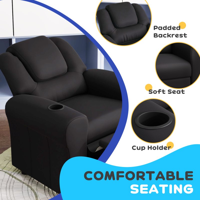 HOMCOM Kids Recliner, PU Leather Kids Armchair, Child Chair, Toddler Armchair with Adjustable Backrest, Footrest, Padded Headrest, Cup Holder, Black