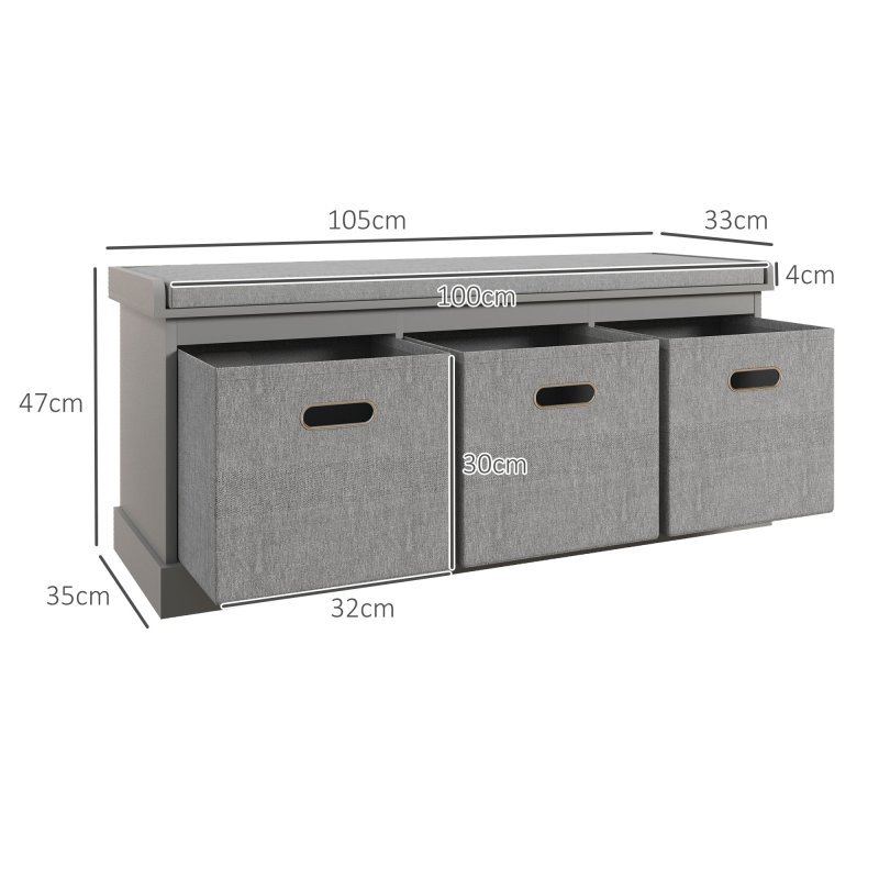 HOMCOM Shoe Bench with 3 Fabric Baskets, Shoe Storage Bench with Seat Cushion, Shoe Cabinet for Entryway, Hallway, Living Room, Bedroom
