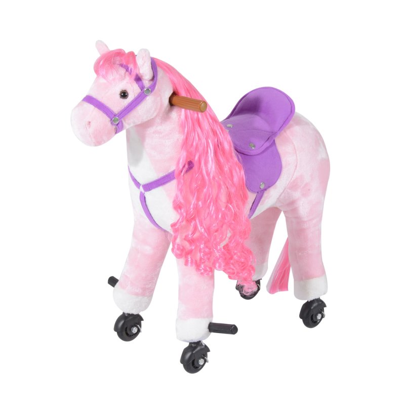 HOMCOM Plush Walking Horse Ride On Toy with Wheels and Realistic Sounds Rocking Horse for Girls Boys 3+ Years Old, 50cm Tall, Pink