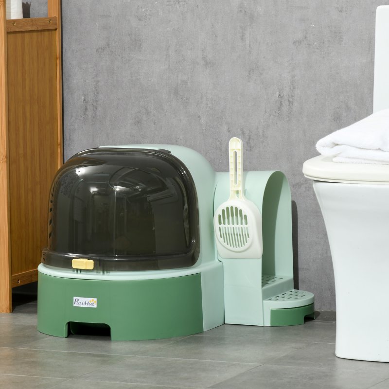 PawHut Cat Litter Box, 2 in 1 Hooded Cat litter Tray Cat House with Scoop, Drawer Pans, Openable Cover, Green