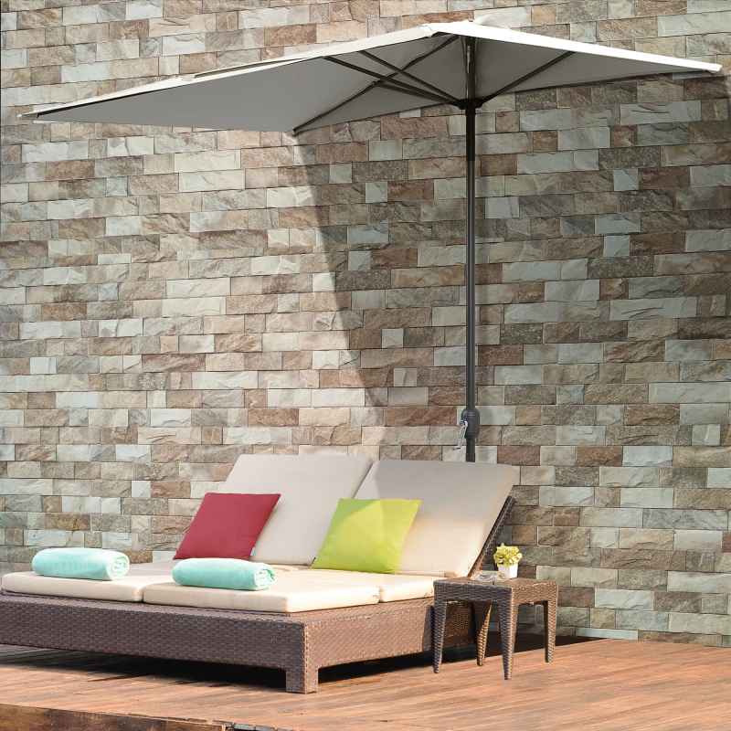 Outsunny Balcony Half Parasol Semi Round Umbrella Patio Crank Handle (2.3 m, Beige)- NO BASE INCLUDED