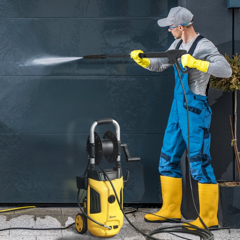 Outsunny 1800W High Pressure Washer, 150 Bar Pressure, 420 L/h Flow, Portable Power Washer Jet Wash Cleaner with Adjustable Nozzle, 6M Hose, Hose Reel, Steel Handle for Home Patio Car Driveway, Yellow