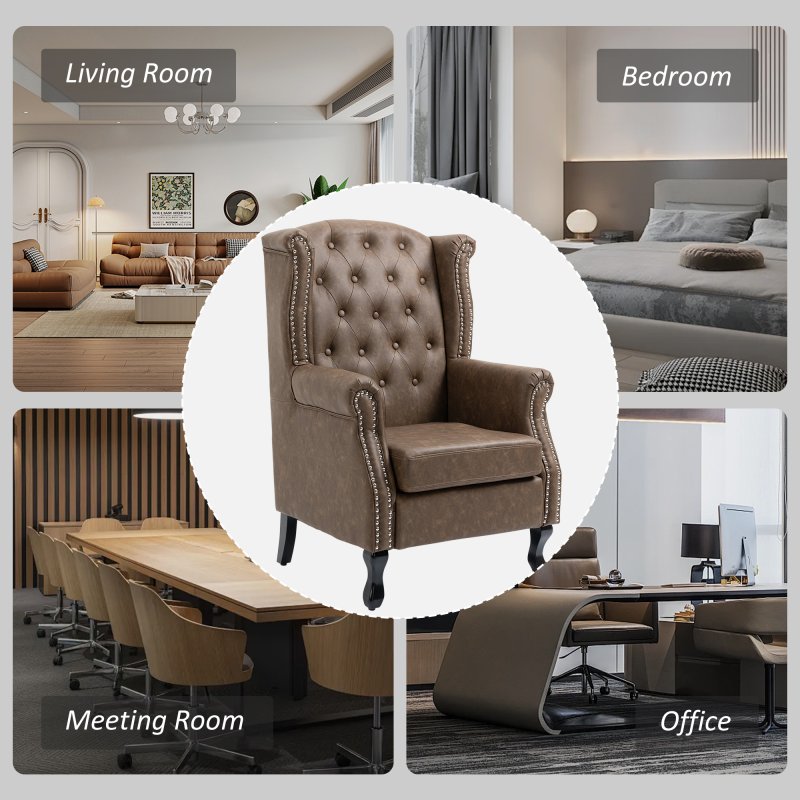HOMCOM Wingback Armchair, PU Leather Fireside Chair, Button Tufted Accent Chair  for Living Room, Bedroom, Home Office