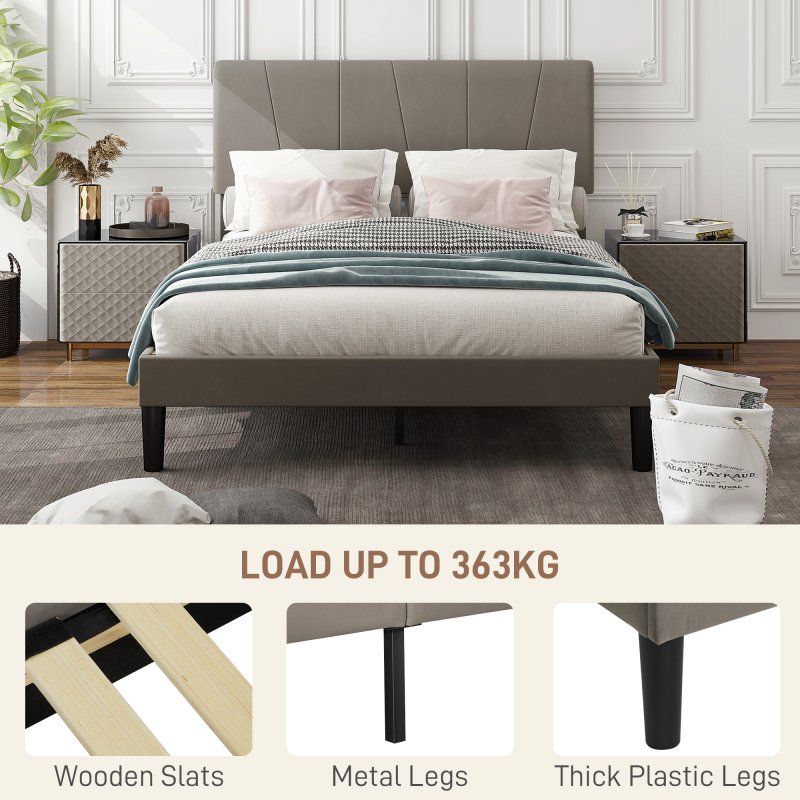HOMCOM King Bed Frame with 5-Level Adjustable Velvet Upholstered Headboard, Wooden Slats Mattress Foundation, No Box Spring Needed, Grey