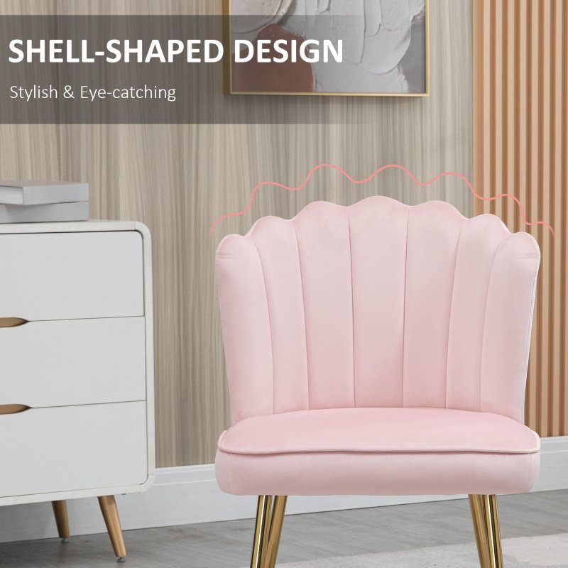 HOMCOM Shell Luxe Velvet Accent Chair with Gold-tone Metal Legs, Modern Vanity Chair for Living Room, Bedroom, Home Office, Pink