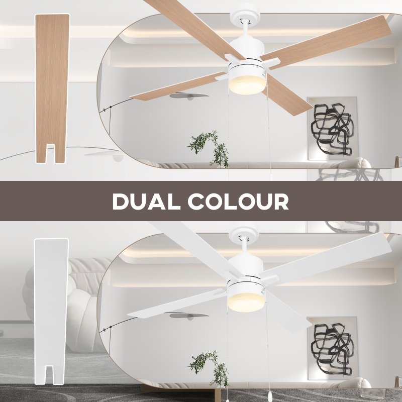 HOMCOM Ceiling Fan with Light, 130cm Flush Mount LED Ceiling Fan Light with 4 Reversible Blades, Pull-chain Switch, for Bedroom Living Room, White and Natural Tone