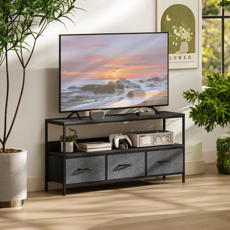 HOMCOM TV Stand Cabinet up to 55-inch, TV Unit with 3 Foldable Linen Drawers, Open Shelf for Living Room, Bedroom, Entertainment Room, Black