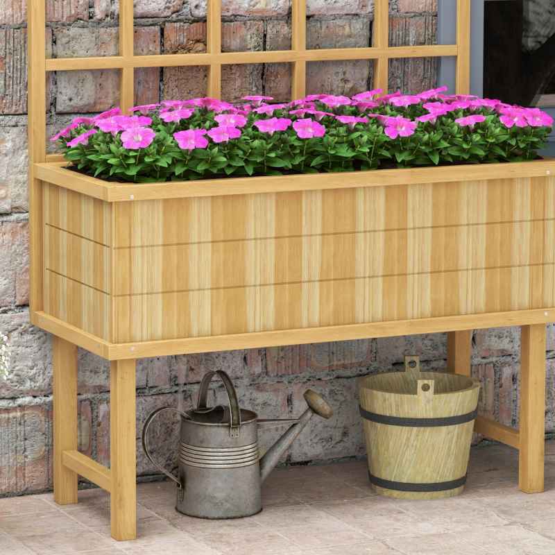 Outsunny Wooden Raised Planter with Trellis for Vine Climbing Plants, Elevated Garden Bed with Drainage Holes and Bed Liner for Vegetables, Flowers, Herbs, 105 x 45 x 140cm, Natural