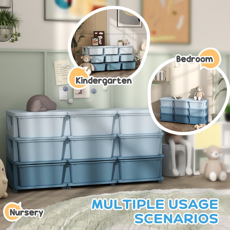 HOMCOM Kids Storage Units with 9 Drawers 3 Tier Chest Vertical Dresser Tower Toy Organiser for Nursery Playroom Kindergarten Blue