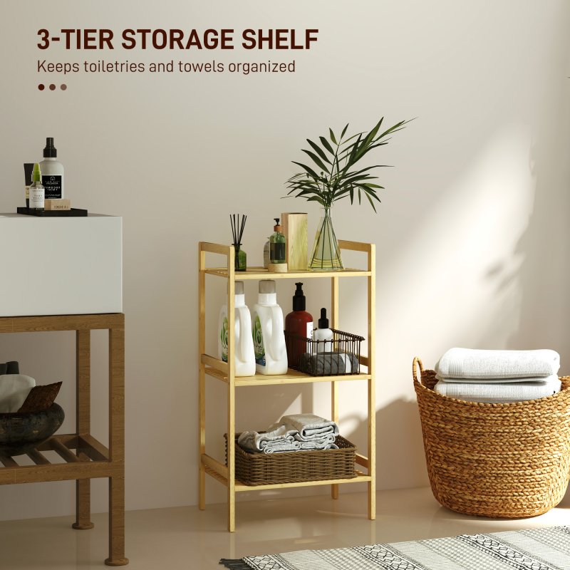 HOMCOM 3-Tier Bamboo Bathroom Storage Shelf, Freestanding Shelving Unit with Adjustable Rack for Kitchen Bathroom Living Room
