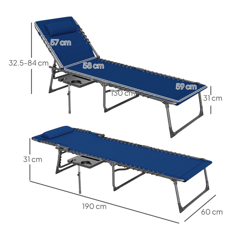 Outsunny Folding Sun Lounger with Side Table, 5-Level Adjustable Reclining Sun Lounger Chair, Portable Garden Recliner Sunbed with Side Pocket, Head Pillow for Patio, Beach, Dark Blue