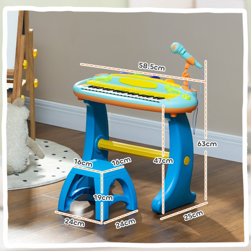 AIYAPLAY Kids Piano, 37 Keys Electronic Keyboard, Children Grand Piano with Microphone, Stool, LED Light, Record & Play Function, Musical Instrument for Kids Ages 3-6 Years, Blue